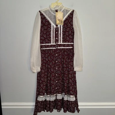 Gunne Sax VTG 70s Floral Lace Prairie Cottage Core Red Dress Girls Sz 10 Jessica - Image 1 of 4