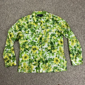 Jones New York Tunic Womens Large Signature Green Floral Button Roll Tab Sleeve - Picture 1 of 13