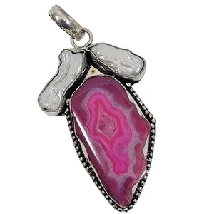 Ciondolo in argento sterling fatto a mano agata rosa e brillanti accenti di perle barocche - Foto 1 di 10
