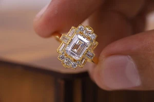 1.5Ct Emerald Lab Created Diamond Vintage Style Art Ring 14K Yellow Gold Plated - Picture 1 of 6