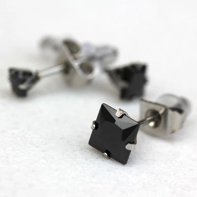 Pair of 316L Stainless Steel Black Princess Cut Cubic Ziroconia Stud Earrings - Image 1 of 4