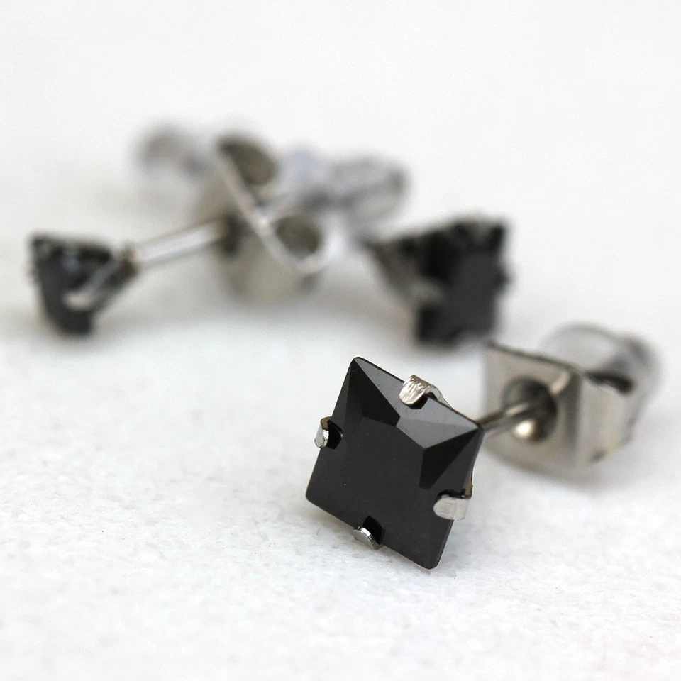 Pair of 316L Stainless Steel Black Princess Cut Cubic Ziroconia Stud Earrings - Image 1 of 4