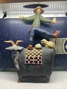 Vintage 1996 Williraye Studio Folk Art Farmer on Goat w/ Hen & Eggs WW3032 2-Pc - Picture 1 of 19