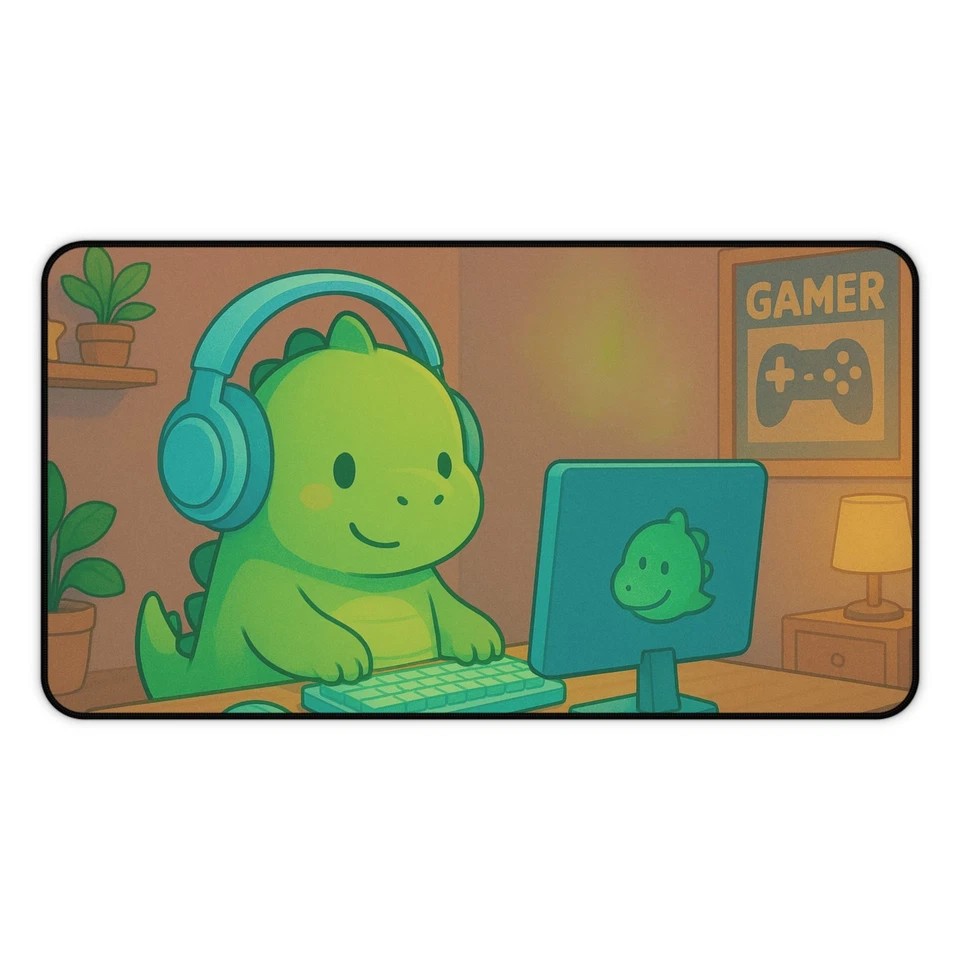 Gamer Dinosaur Desk Mat: Cute Kawaii Dino Gaming Mouse Pad & Keyboard Deskpad - Image 1 of 1