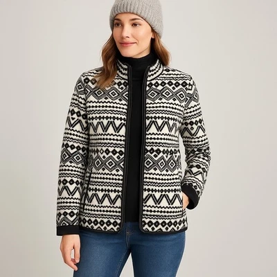 Chaqueta Talbots Mujer Negra Blanca Fair Isle Polar Cremallera L Ropa de Esquí Nórdico Wintercre Foto 1 de 4