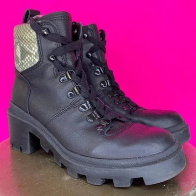 Dolce Vita Black Leather Snake Print Trim Chunky Lug Sole Lace Up Boot Sz 6 - Image 1 of 4