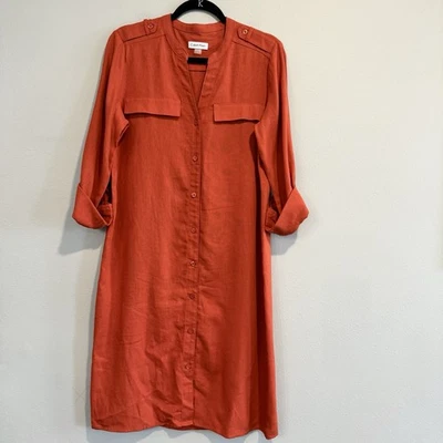 Calvin Klein 3/4 Sleeve Front Button Shirt Dress Linen Blend V Neck 6 - Image 1 of 4