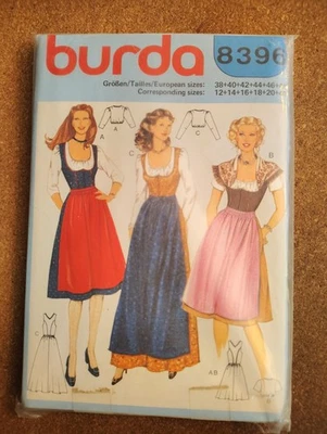 8396 Burda Pattern US Size 12-22 Wmns Scoop Blouse Bodice Dirndl Apron FF Uncut - Image 1 of 2