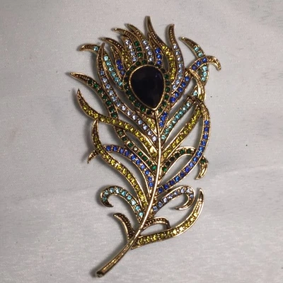 Heidi Daus Peacock Feather Crystal Large Pin Brooch Purple Blue Green  - Image 1 of 4