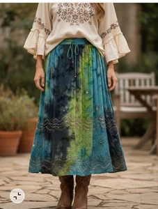 Vintage Just Cruising Blau Maxirock Indien Boho Landhaus Hippie One Size Pailletten - Bild 1 von 10