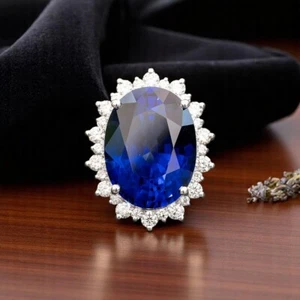 Anillo de platino fino 950 diamantes naturales cultivados en laboratorio de 26,30 quilates corte ovalado de zafiro azul - Imagen 1 de 9