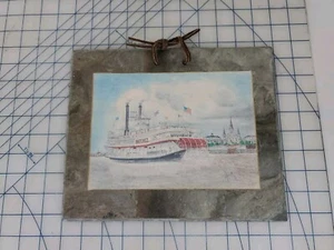 Archie Boyd NATCHEZ paddle boat sketch on 1700's roofing slate tile 9x11" EUC - Picture 1 of 4