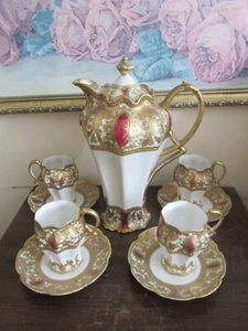 RS Noritake Nippon Porcelain Coffee Set Of 4 Cup And Saucer Pot Heavy Gold - Picture 1 of 12