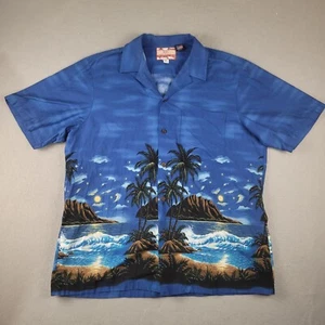 VTG RJC Hawaiian Shirt Mens XL Blue Palm Island Sunset Made USA 90s Camp Aloha - Picture 1 of 7