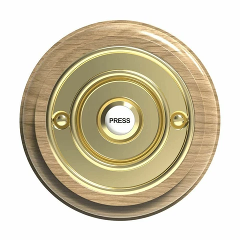 Traditional Round Wired Doorbell in Natural Unvarnished Oak and Brass Cover