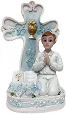 Primera Comunión Niño Rezando con Cruz Azul Estatuilla Favor Regalo Religioso Foto 1 de 2
