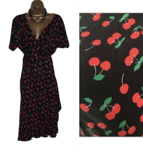 Lipsy Cherry Print Wrap Dress 16 Midi Black Red Party Short Sleeve Summer - Picture 1 of 10