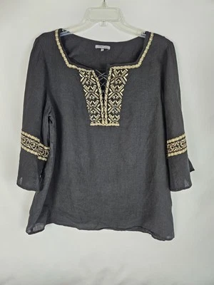 Anne Klein Black Linen Tunic / Top With Gold Embroidered Trim size Large - Image 1 of 4