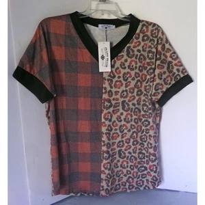 Camisa suave Crazy Train manga corta a cuadros y estampado de leopardo cuello en V talla XL - Imagen 1 de 13