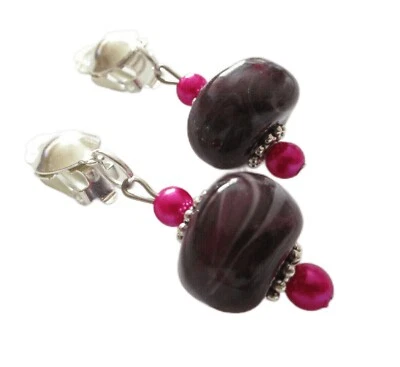 Ohrclips Clips aubergine lila marmoriert pink silberf ca 5cm lang Modeschmuck - Bild 1 von 4