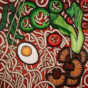 Ramen Nudel Gemüse, Original Kunstwerk Mischtechnik mit Collage, 20"x20" - Bild 1 von 6