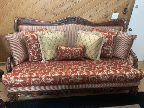 ELEGANT FRENCH COLLECTION SOFA WITH MAHOGANY WOODEN DETAILS Cover