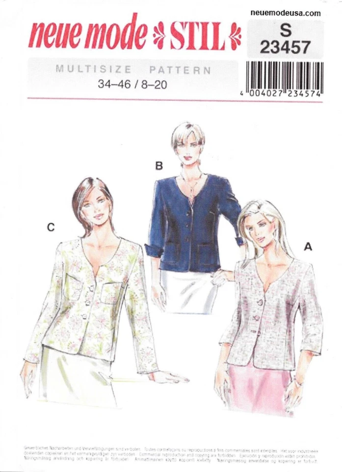 Uncut Neue Mode Stil Sewing Pattern # S 23457 Three Blazer Jackets Sizes: 8-20 - Image 1 of 1
