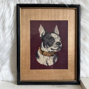 VTG 1941 Needlepoint Boston Terrier Dog Framed Art Wall Hanging 14”x11” Picture - Picture 1 of 12