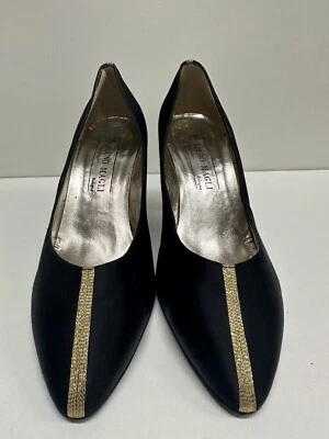 Bruno Magli women size 8B black satin fabric upper shoes with gold details - Image 1 of 4