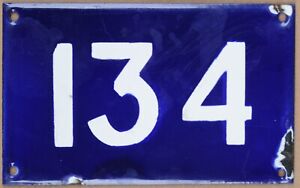 Old Australian used house number 134 door gate enamel metal sign in French blue