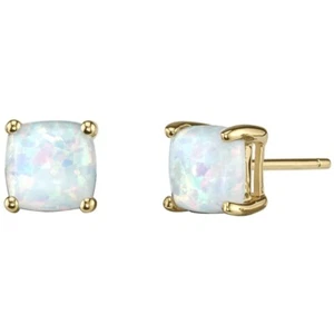 Pendientes de pernos de ópalo blanco creados en laboratorio de 1 ct Cushion Cut en oro amarillo de 14 quilates - Imagen 1 de 3