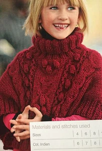 Girls Cable Poncho ( age 4 - 12 years) Knitting Pattern - Picture 1 of 1
