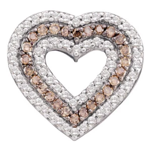 14kt White Gold Womens Round Brown Diamond Heart Outline Pendant 3/4 Cttw - Picture 1 of 1