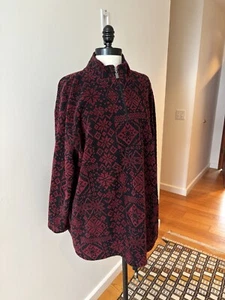 Vtg Liz And Co Made In USA Red With Black Background Fleece Pullover Zip Neck Lg - Picture 1 of 7