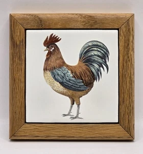 Vintage Rooster Wood Framed Ceramic Tile Trivet Hot Plate Wall Hanging 6x6" - Picture 1 of 6