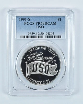 1991-S USO Commemorative Dollar PR69 DCAM PCGS Blue Label *2380 - Image 1 of 4