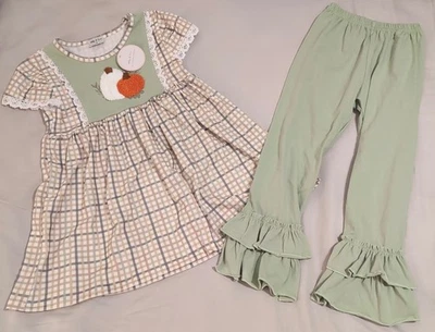 Abby & Erie Pumpkin Plaid Girls Outfit Set Size 6 Green Boutique - Image 1 of 4