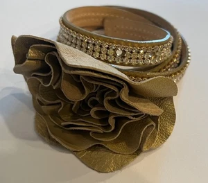 Streets Ahead Gold Leather Belt w Sparkling Rhinestones and Flower Buckle sz XL - Picture 1 of 10
