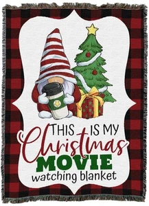 Christmas Movie Gnome Blanket Throw Woven from Cotton - Made in The USA (72x54) - Picture 1 of 6