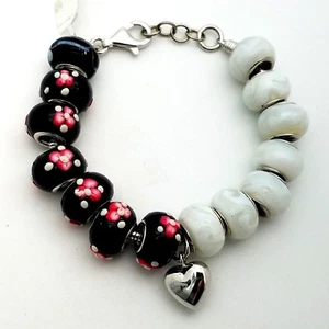 New Sterling Silver 925 Murano Glass Black White Heart Charm Beads Bracelet 7.5 - Picture 1 of 10