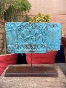 1800's Antique Wood Hand Carved Blue Flower Painted Fine Carving Ceiling Panel - Picture 1 of 9