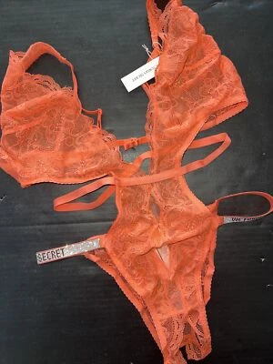 NWT Victoria's Secret S TEDDY bodysuit crotchless Neon ORANGE lace SHINE STRAP - Image 1 of 4