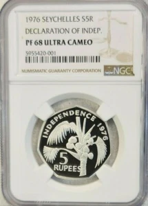 1976 SEYCHELLES SILVER 5 RUPEES INDEPENDENCE NGC PF 68 ULTRA CAMEO TOP POP 1 - Picture 1 of 4