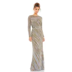 NWT Mac Duggal Long Sleeve Beaded Column Platinum Gown Maxi Dress 5240 Size 8 - Picture 1 of 13