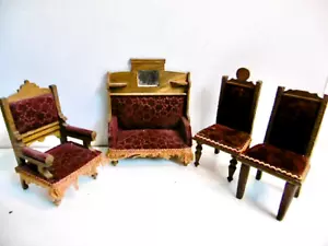 BEAUTIFUL ANTIQUE 4 PIECE BURGUNDY VELVET DOLLHOUSE FURNITURE - 19th century - Picture 1 of 17