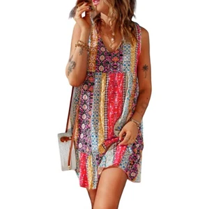 Red Floral Splicing Flounce V Neck Sleeveless Mini dress XL - Picture 1 of 6