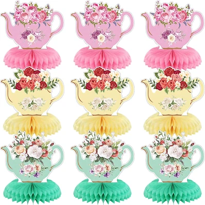 9件装茶会桌用中心件公主派对花卉茶壶蜂窝D — 第 1/4 张图片