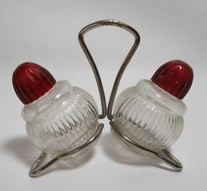 Vintage Glass with Red Plastic Lid & Metal Holder Stand Salt And Pepper Shakers - Picture 1 of 6