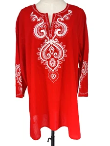 Karen Kane Tunic Top Women's 1X Red Embroidered 3/4 Sleeve Bohemian V-Neck - Picture 1 of 10