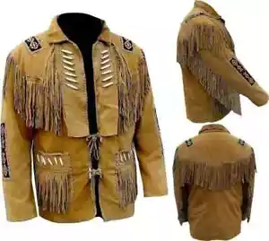 Giacca da cowboy uomo western in pelle scamosciata nativi americani perline frange ossee giacca - Foto 1 di 6